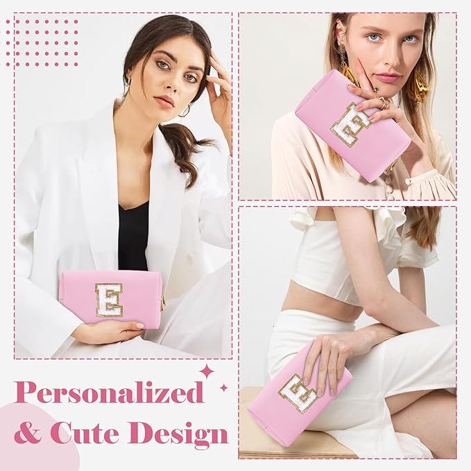 Personalized Initial A-Z Preppy Patch Makeup Bag,Small PU Chenille Letter Cosmetic Bag with Zipper for Teen Girls,Pink Cute Toiletry Organizer Bag,Monogram Makeup Case Gift for Women Girls,Letter E