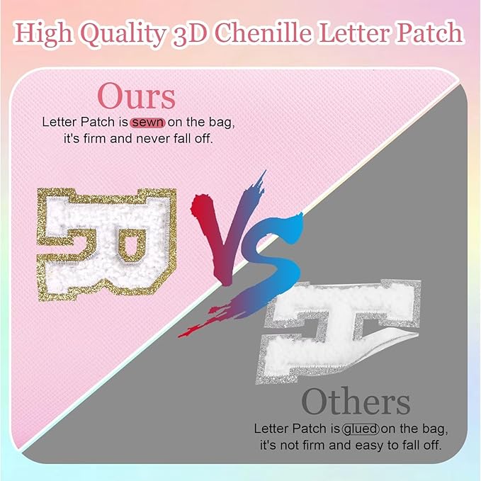 Small Personalized Letter Makeup Bag, Cute PU Leather Chenille Letters Cosmetic Bag Travel Makeup Pouch, Preppy Travel Organizer Zipper Pouch for Women&Girls（Pink-J）
