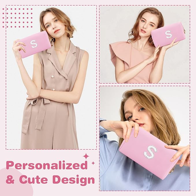 ChaoGreat Bride Gifts – Personalized Initial Makeup Bag with Pearl Rhinestone Patch, Preppy Pink Monogram Cosmetic/Toiletry Pouch, bridesmaid Gifts, Bridal Shower Gifts, Wedding Gifts, Bridal Gifts,S