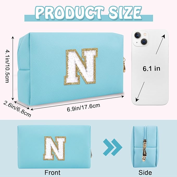 Chenille Letter Personalized Initial Preppy Makeup Bag, Small Cute Blue Cosmetic Zipper Pouch Travel Toiletry Bags, Waterproof PU Monogram Make Up Organizer Gifts for Nurse Nieces Teacher(Letter N)