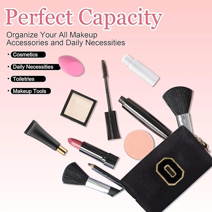 Small Personalized Letter Makeup Bag, Cute PU Leather Chenille Letters Cosmetic Bag Travel Makeup Pouch, Preppy Travel Organizer Zipper Pouch for Women&Girls（Black-O）