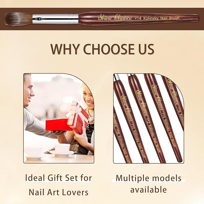 Acrylic Nail Art Brush Size 14, 100% Pure Kolinsky Hair Oval Nail Brush for Acrylic Application, Professional Nail Extension Manicure Tool Striping Nail Drawing Pen for DIY Home Salon