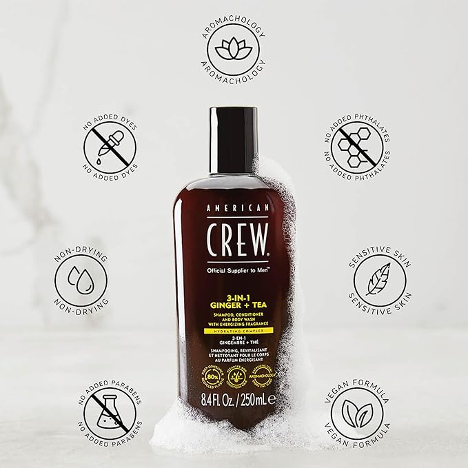 AMERICAN CREW 3-in-1 Ginger & Tea, Shampoo, Conditioner & Body Wash for Men, Hair Care Gift for Him, Revitalizing and Refreshing Fragrance, 15.2 fl oz