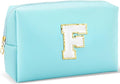 Gifts for Girls Initial Makeup Bag Personalized Cosmetic Bag with Zipper Cute Travel Toiletry Bag Waterproof PU Preppy Makeup Pouch Birthday Gift for Teen Girls Women(Blue F)