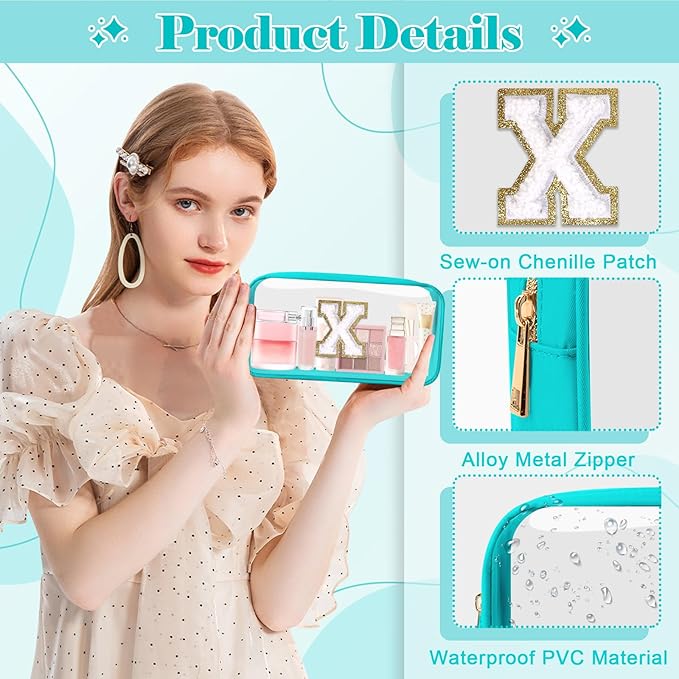 Personalized Initial Letter Clear Makeup Bag,Preppy Small Nylon&PVC Cosmetic Zipper Bag with Chenille Letter,Portable Beach Travel Skincare Toiletry Bag,Trendy Monogram Gift for Teen Girls Women,X
