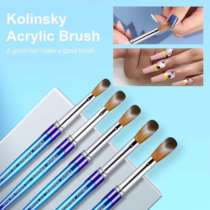 Acrylic Nail Brush Size 14, 100% Pure Kolinsky 3D Art Nail Brush with Gradient Blue Handle, Art Design Powder Nail Brush Pen for Nails Extension & Carving, Acrylic Application Tools