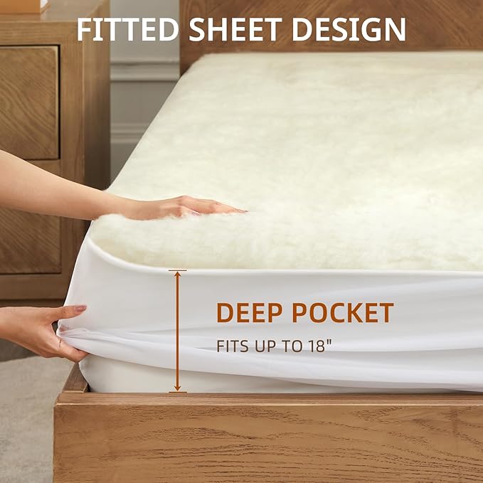 Bwarm Muilt-Zone Heated Mattress Pad Queen Wool Electic Mattress Pad, Touchscreen Bed Warmer with 9 Heat Settings, 1-12 Hours Auto Off Memory Deep Pocket,Machine Wash White Queen 60" x 80"