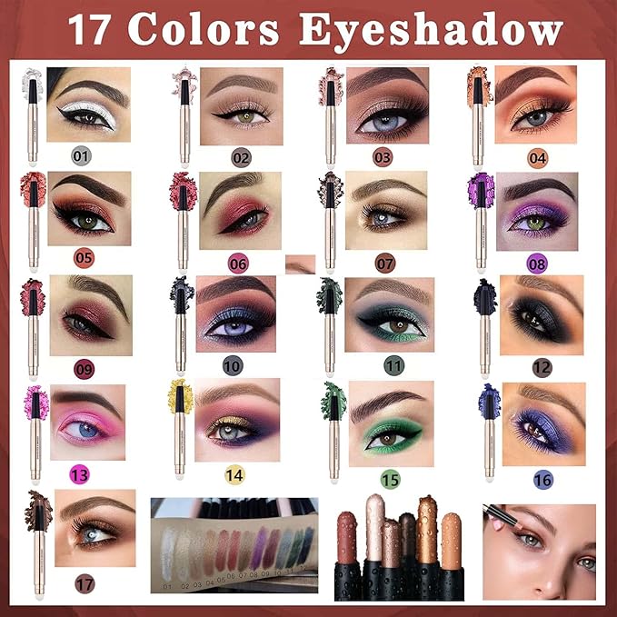 Eyeshadow Stick and Sponge Brush Cream Shimmer Smooth Eyeshadow Pencil Hypoallergenic Waterproof Eye Shadow Eyeliner Highlighter Stick Primer Palette Glitter Liquid Nude Korean Matte