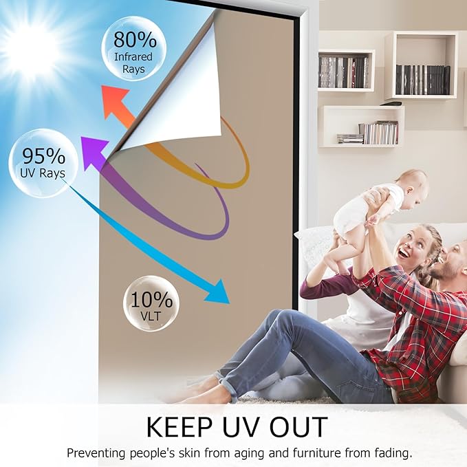 HIDBEA One Way Mirror Window Film, Daytime Privacy Sun Blocking Reflective Window Film Static Cling Heat Control Window Tinting Film for Home and Office, Brown Silver, 35.4 x 78.7 Inch