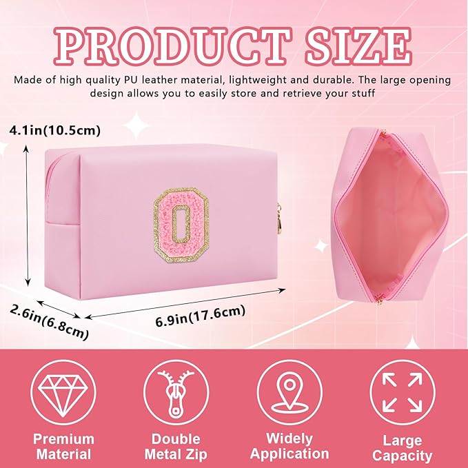 Iqimott Personalized Initial Letter Patch Makeup Bag, Preppy Small Chenille Letter Cosmetic Bag with Zipper, PU Leather Waterproof Travel Toiletry Bag Monogram Make Up Pouch for Women Girls(Letter O)