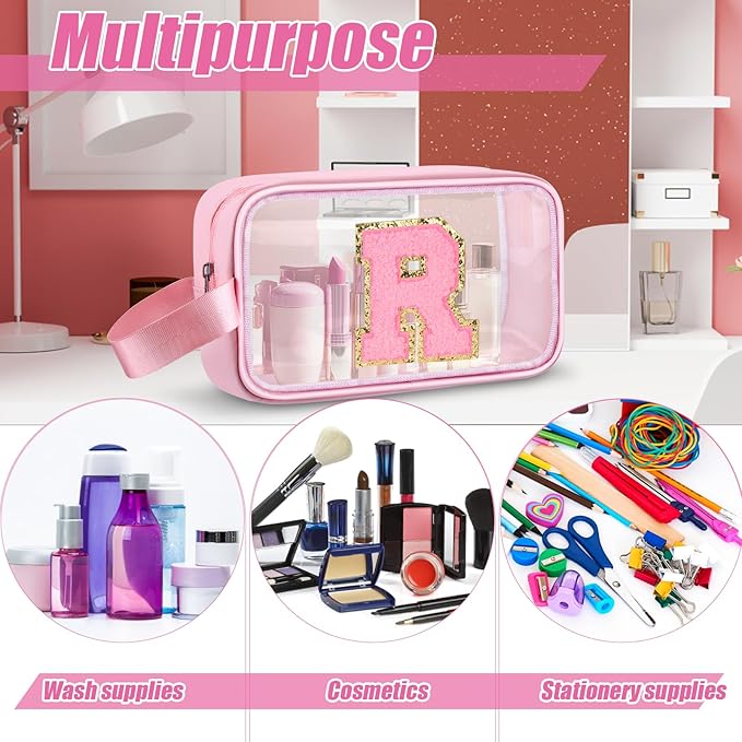 Initial Makeup Bag,Letter R Cute Clear Monogrammed Cosmetic Travel Bag for Womens Girls,Personalized Pink Aesthetic Traveling Make Up Organizer Bag for Beach,Waterproof Toiletry Bag