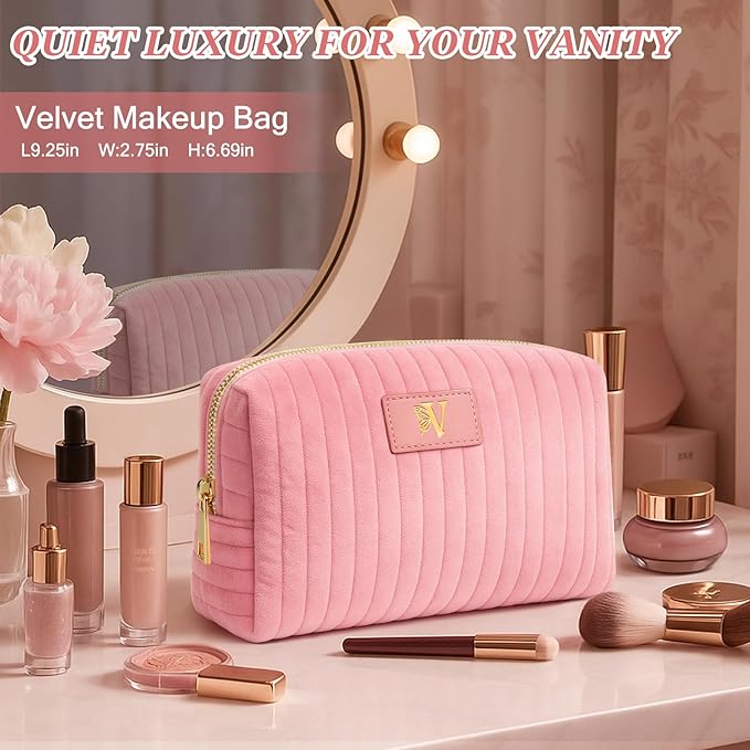 Monogrammed Make Up Bags for Women,Personalized Cosmetic Bags Women,Small Quilted Makeup Pouch,Cute Makeup Bag Travel,Birthday Gifts for Teen Girl (Pink V)
