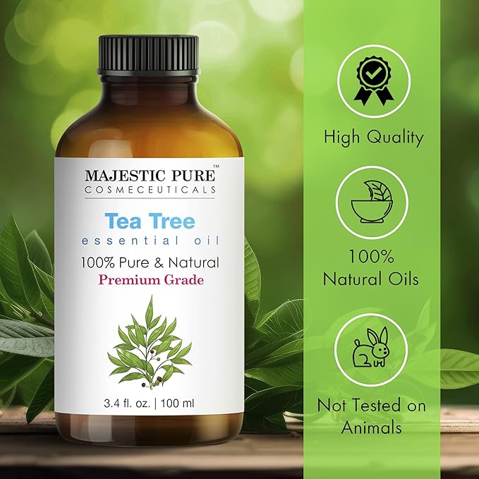 Majestic Pure Tea Tree Essential Oil with Glass Dropper - 3.4 Fl Oz Pack of 2-100% Pure and Natural Tea Tree Oil - Premium Grade Essential Oils for Diffuser, Aromatherapy, Soap and Candle Making