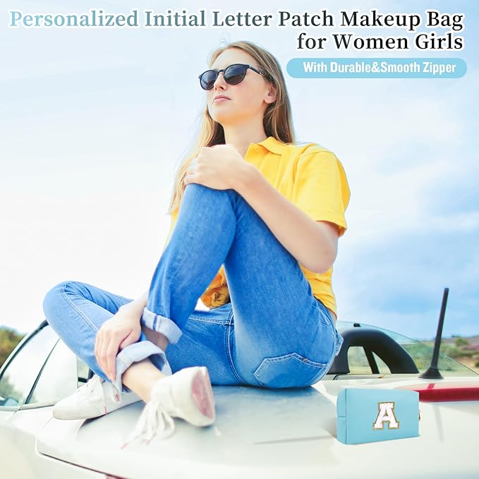Personalized Initial Letter Patch Makeup Bag, Preppy Portable Chenille Cosmetic Bag with Zipper, PU Leather Waterproof Travel Toiletry Bag Monogram Make Up Pouch for Women Girls