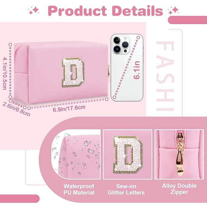 Small Personalized Initial A-Z Patch Makeup Bag,Pink Cute PU Leather Glitter Letter Cosmetic Bag for Teen Girls,Travel Toiletry Bag with Zipper,Preppy Monogrammed Birthday Gift for Daughter Niece D