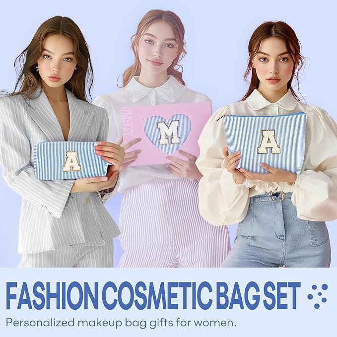 2 PCS Initial Makeup Bags for Women: Cosmetic Bag for Travel Toiletry - Birthday Gifts for 11 12 13 14 15 16 17 18 Years Old Girl Graduation Teacher Gift- Teen Girl Gifts Trendy Stuff - Blue Z