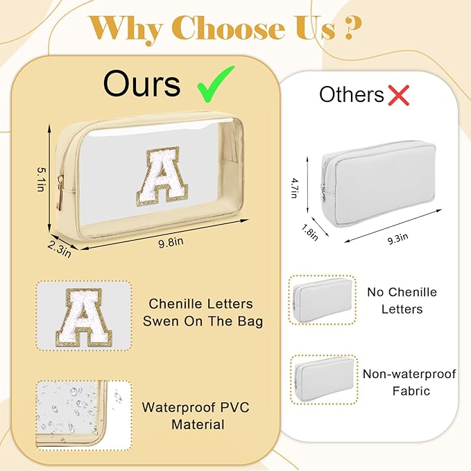 Personalized Initial Letter Clear Makeup Bag,Preppy Small Nylon&PVC Cosmetic Zipper Bag with Chenille Letter,Portable Beach Travel Skincare Toiletry Bag,Trendy Monogram Gift for Teen Girls Women,K