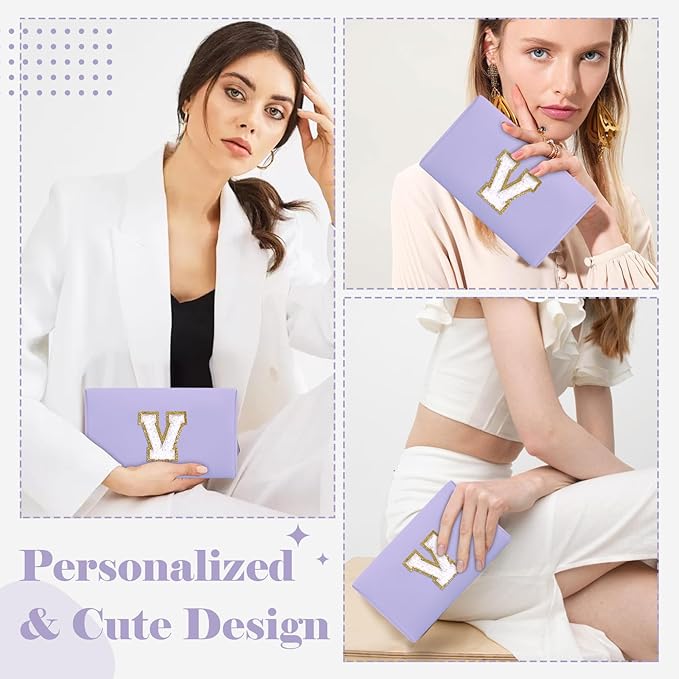 Personalized Makeup Bag Initial A-Z Preppy Patch Bag,Small PU Leather Travel Cosmetic Bag Pouch with Zipper,Purple Cute Toiletry Bag,Gift Ideal for Teen Girls Women Birthday Friend Mom,Latter V