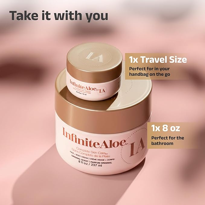 InfiniteAloe Complete Skin Care, Aloe Vera Powered Face and Body Cream for All Skin Types, Dry Skin Everyday Hero, Original Scent - Large Jar 8 oz & Travel Jar 0.5 oz