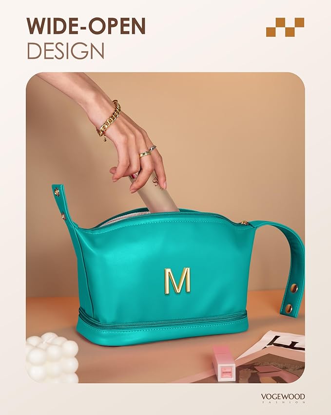 Young Women Gift Ideas, Personalized Makeup Bag with Handle, Initial Double Layer Cosmetic Bag with Makeup Brush Organizer, Cute Cosmetic Pouch for Women, Gifts for Friend Female Mom