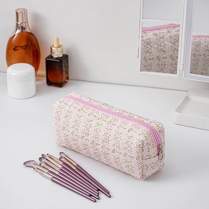 Cute Floral Cotton Makeup Brush Cosmetic Bag for Women, Travel Quilted Zipper Make Up Bag, Flowers Toiletry Organizer Case Kawaii Makeup Cosmetic Travel Cloth Pouch (Pink+Black)