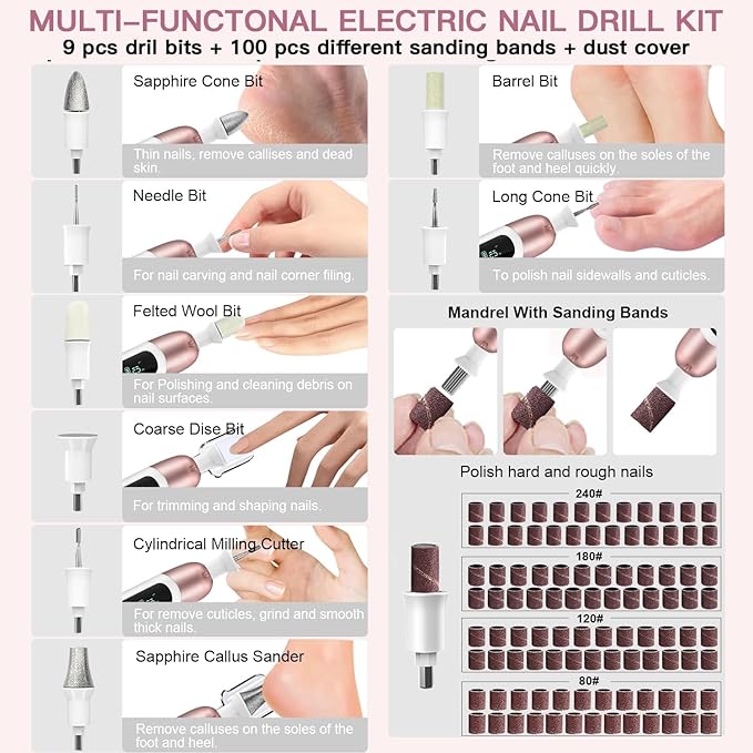 2 Pack 9-in-1 Digital Display Nail Grinder with 100 Sanding Bands - Adjustable Speed Electric Manicure Tool for Acrylic Nails, Callus Removal & Gel Polish - Professional Home Pedicure Kit