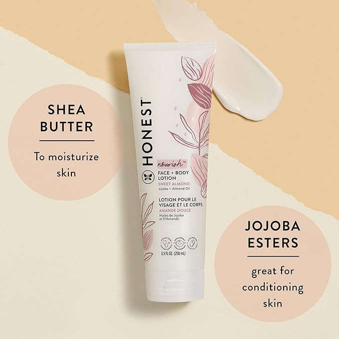The Honest Company Hydrating Face and Body Lotion Fast Absorbing Naturally Derived Hypoallergenic Sweet Almond Nourish 8.5 fl oz