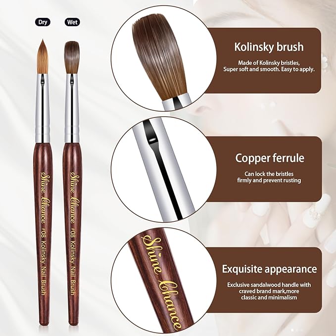 Acrylic Art Brush Size 08, 100% Pure Kolinsky Hair Oval Brush for Acrylic Application, Professional Nail Extension Manicure Tool, Striping Drawing Pen for DIY Home Salon