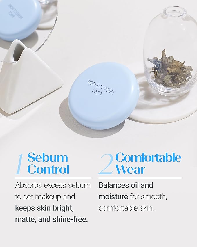 THESAEM Saemmul Perfect Pore Pact - Sebum Control Makeup Pressed Powder Pact, Pore Minimization, Plant-Based Setting Finishing Powder to Absorb Sweat and Prevent Clumps, with Mirror & Puff 12g