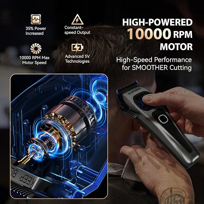 SUPRENT Professional Hair Clippers for Men - Cordless Barber Clippers & Zero-gapped Trimmer Set, Haircutting Kit with 10000 RPM Motor Speed, Blue Titanium-Coated Blades, Charging Stands (Gray)