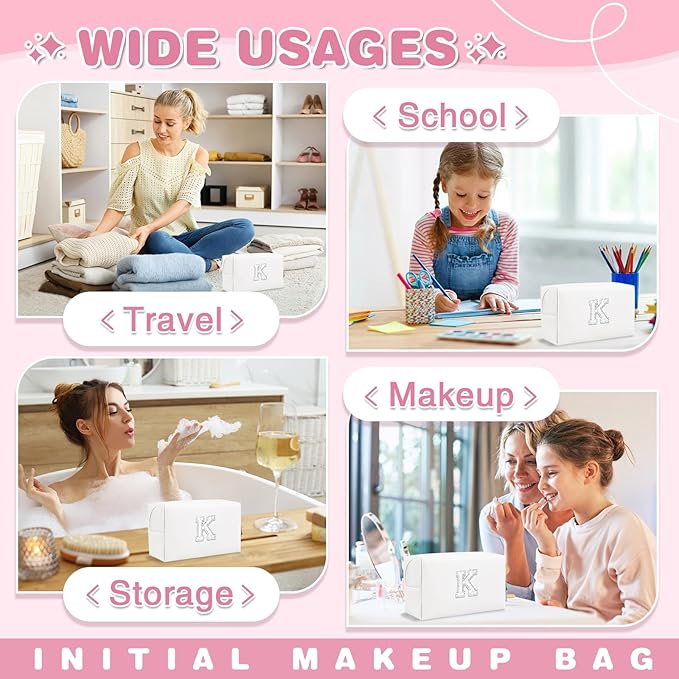 Bride Gifts – Personalized Initial Makeup Bag with Pearl Rhinestone Patch, Preppy White Monogram Cosmetic/Toiletry Pouch, bridesmaid Gifts, Bridal Shower Gifts, Wedding Gifts, Bridal Gifts,K