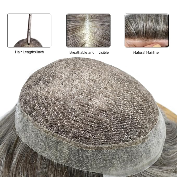 Mens Toupee Human Hair Piece French Lace Toupee for Man Hair System Indian Human Hair Replacement Systems V-Looped PU Front Hairpieces 6"X9" #450 Medium Brown with 50% Gray
