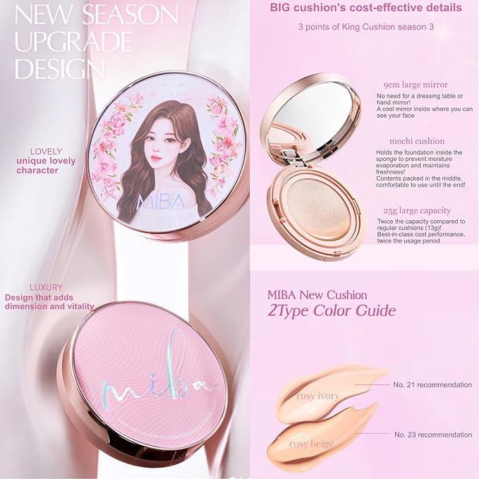 MIBA Ion Calcium Foundation Double Cushion Glow 25 g / 0.88 oz Big Cushion SEASON 3. Long Lasting Cover Effect. Moisture glow. Skin tightening relief. Smooth adhesion. (#23 Rosy Beige Refill)