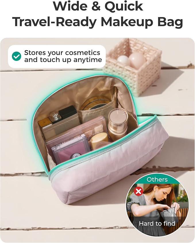 BAGSMART Puffy Makeup Bag, Wide Opening Cosmetic Bag Compact & Spacious, Water-Resistant Travel Organizer Pouches for Women (Baby Pink)