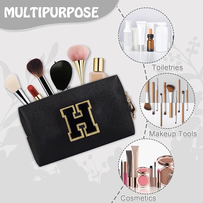 Personalized Chenille Letter Preppy Makeup Bag, Small Initial Black Travel Cosmetic Organizer Toiletry Zipper Pouch, Waterproof Monogram Makeup Storage Organizer Travel Essentials for Female(Letter H)