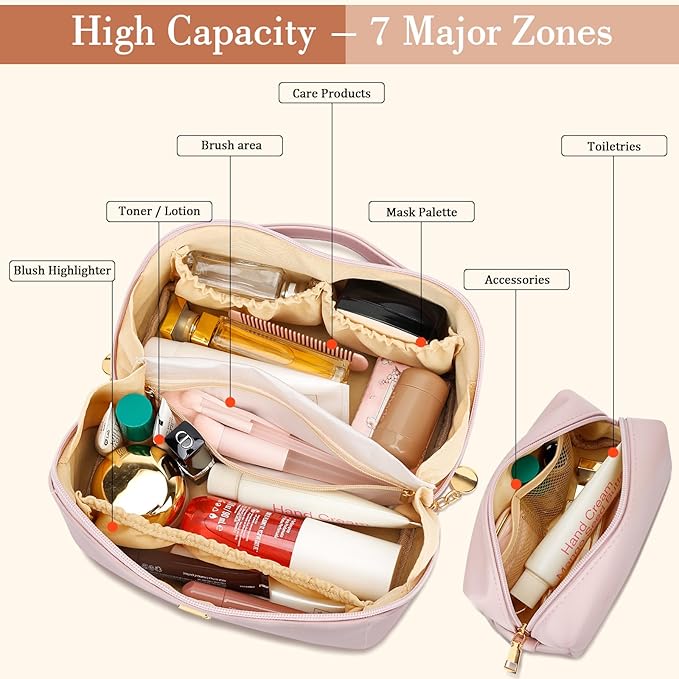 Birthday Gifts for Women Teen Girl, Personalized Initial Makeup Organizer Bag Set, Open Flat Travel Cosmetic Bag With Clear Divider and Handle(Pink,T)