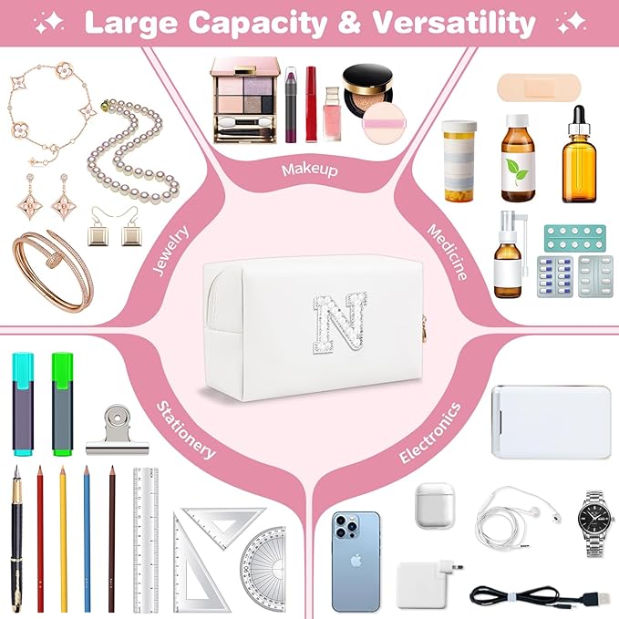 Bride Gifts – Personalized Initial Makeup Bag with Pearl Rhinestone Patch, Preppy White Monogram Cosmetic/Toiletry Pouch, bridesmaid Gifts, Bridal Shower Gifts, Wedding Gifts, Bridal Gifts,N
