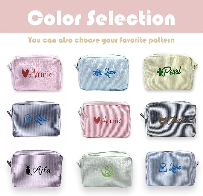 Custom Makeup Bag Personalized Cosmetic Bag Cute Seersucker Travel Toiletry Bag for Women Embroidered Bag Organizer for Bride Makeup Bag Gift Yellow