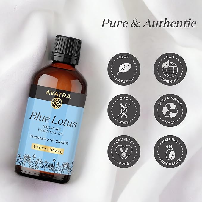 Avatra Blue Lotus Essential Oil for Diffuser, Skin & Candles | Natural & Undiluted Essential Oil | Aromatherapy, Soaps, Candles | Therapeutic Grade Essential Oil- 3.38 Fl Oz