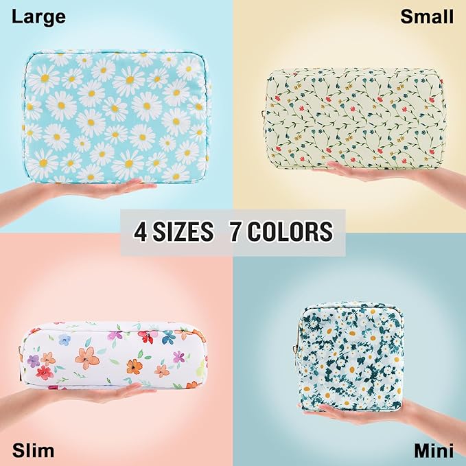 Nylon Large Floral Makeup Organizer Bag, Preppy Big Cute Flower Cosmetic Zipper Pouch Multi-compartment with Dividers, Waterproof Toiletry Make Up Brushes Bag Travel Essentials for Women(Blue-Daisy)