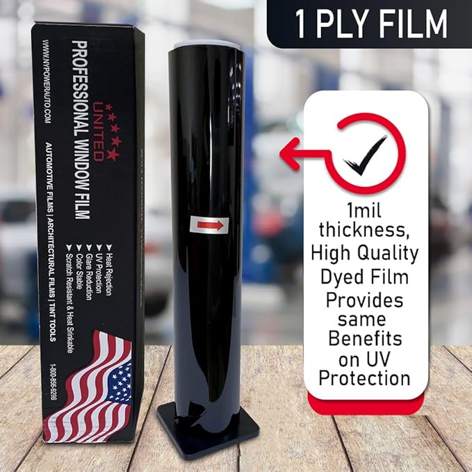 United Professional Window Tint 42% VLT 24" in x 100'Ft 1Ply Dyed Upgraded Film - Privacy Window Tint for Car, Home, Blocks UV/IR Rays, Reduce Heat & Glare - Adhesive Window Film Standard Black Color