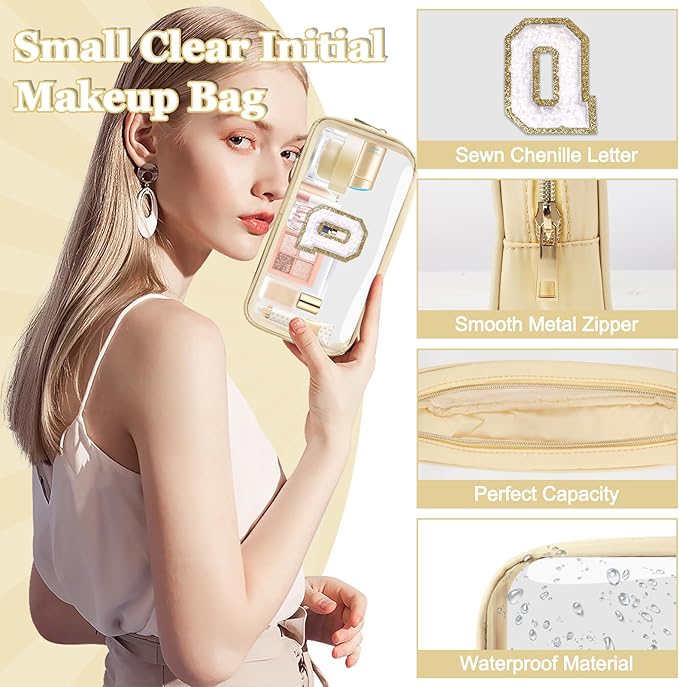 Small Clear Personalized Initial Makeup Bag, Preppy Nylon A-Z Chenille Letter Patch Makeup Organizer TSA Approved Travel Toiletry Bag,Waterproof Zip Beach Cosmetic Pouch Purse for Women(Beige-White Q)