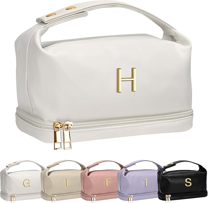 Makeup Bag with Handle, Waterproof Double Layer Cosmetic Bag, Large Capacity PU Leather Makeup Bags Letter Travel Toiletry Bag with Makeup Brush Organizer