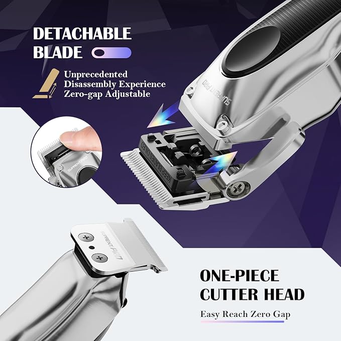 SUPRENT PRO Professional Hair Clippers for Men - High Torque Brushless Motor & Detachable Blade - Cordless Hair Trimmer Set for Barbers with Charging Base - Premium Hair Clipper Kit - Silver
