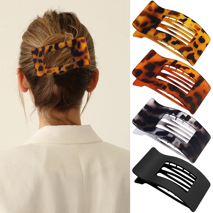 Velscrun Flat Hair Clips for Women Girls, Matte Lay Flat Claw Clips, Strong Hold Large Side Hair Clip All Hair Types, French Duck Billed Non Slip Grip Daily Styling Hair Jaw Claw Clip Matte Leopard