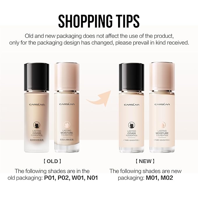 CARSLAN Lasting Cover Foundation, 24H Longlasting Full Coverage Matte Finish Face Makeup, Poreless, Lightweight, Waterproof, Oil Free Liquid Foundation, W01
