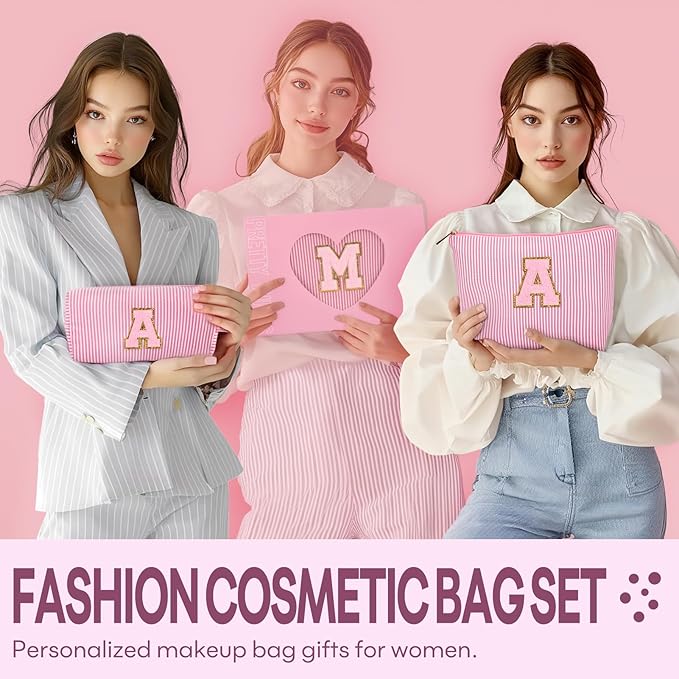 mibasies 2 PCS Initial Makeup Bags for Women: - Birthday Gifts for Teen Girls 11 12 13 14 15 16 Years Old - Preppy Trendy Stuff - Cosmetic Bag for Travel Toiletry - Pink M