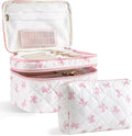 HBselect 2Pcs Travel Makeup Bag, Large Cotton Quilted Makeup Bag Cosmetic Bag Cute Make up Bag Toiletry Bags for Women Girls