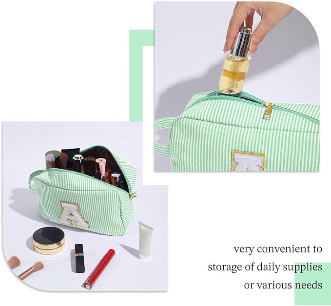 YOOLIFE Initial Makeup Bag Cosmetic Bag for Women, Travel Toiletry Bag, Cute Makeup Pouch Green M