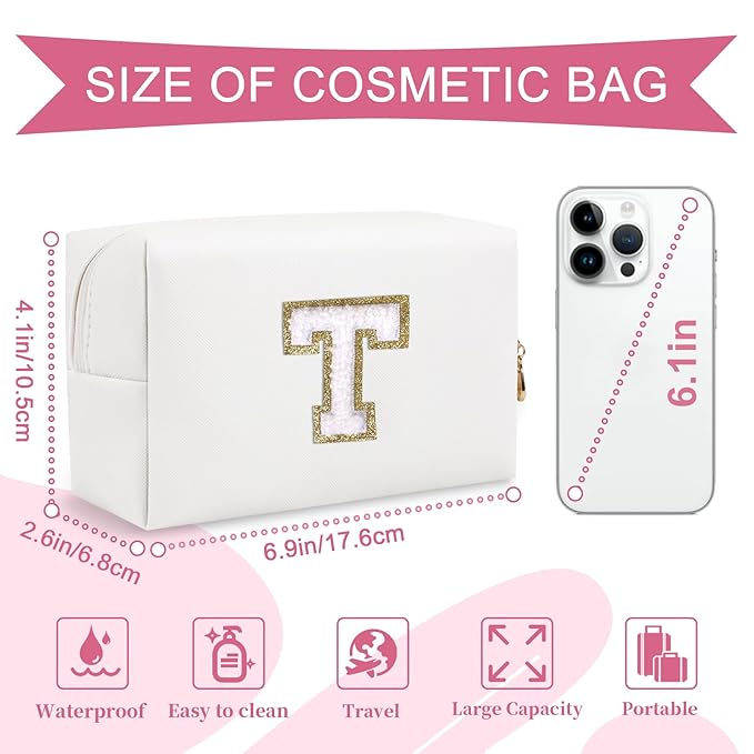 Small Personalized Initial A-Z Preppy Patch Makeup Bag,White PU Chenille Letter Travel Cosmetic Pouch with Zipper,Cute Toiletry Bag,Gift Ideal for Teen Girls Women Teacher Bridesmaid,Letter T
